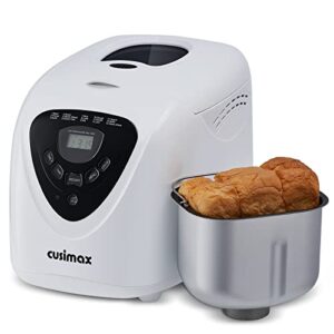 cusimax bread machine, 2 lb loaf breadmaker, 15-in-1 bread maker machine for gluten free bread, 650 w automatic bread making machine with nonstick pan, 15h delay timer settings, 1h keep warm, white