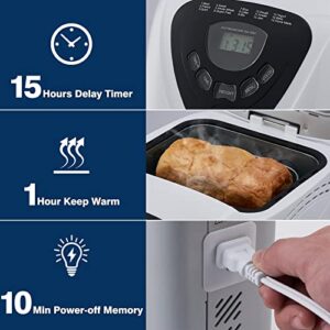 CUSIMAX Bread Machine, 2 LB Loaf Breadmaker, 15-in-1 Bread Maker Machine for Gluten Free Bread, 650 W Automatic Bread Making Machine with Nonstick Pan, 15H Delay Timer Settings, 1H Keep Warm, White