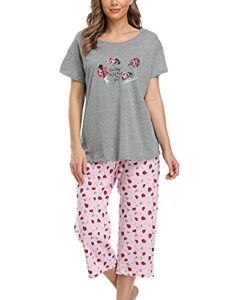 enjoynight womens pajama sets cotton pj set short sleeve top with capri pants sleepwear 2 piece lounge set(large,grey-ladybug)