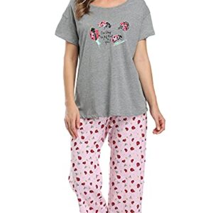 ENJOYNIGHT Womens Pajama Sets Cotton Pj Set Short Sleeve Top With Capri Pants Sleepwear 2 Piece Lounge Set(Large,Grey-Ladybug)