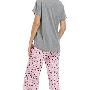 ENJOYNIGHT Womens Pajama Sets Cotton Pj Set Short Sleeve Top With Capri Pants Sleepwear 2 Piece Lounge Set(Large,Grey-Ladybug)