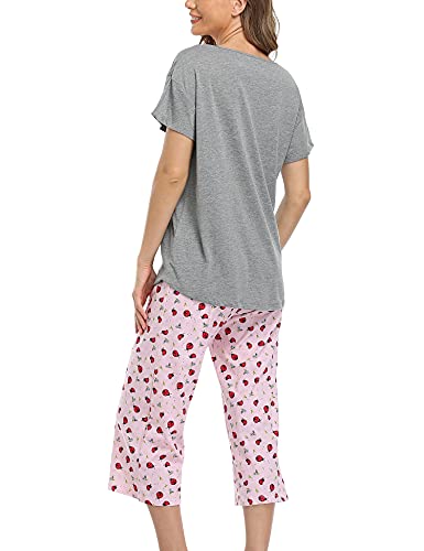 ENJOYNIGHT Womens Pajama Sets Cotton Pj Set Short Sleeve Top With Capri Pants Sleepwear 2 Piece Lounge Set(Large,Grey-Ladybug)