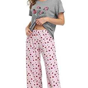 ENJOYNIGHT Womens Pajama Sets Cotton Pj Set Short Sleeve Top With Capri Pants Sleepwear 2 Piece Lounge Set(Large,Grey-Ladybug)