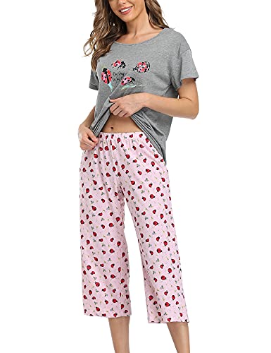 ENJOYNIGHT Womens Pajama Sets Cotton Pj Set Short Sleeve Top With Capri Pants Sleepwear 2 Piece Lounge Set(Large,Grey-Ladybug)