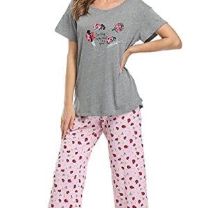 ENJOYNIGHT Womens Pajama Sets Cotton Pj Set Short Sleeve Top With Capri Pants Sleepwear 2 Piece Lounge Set(Large,Grey-Ladybug)