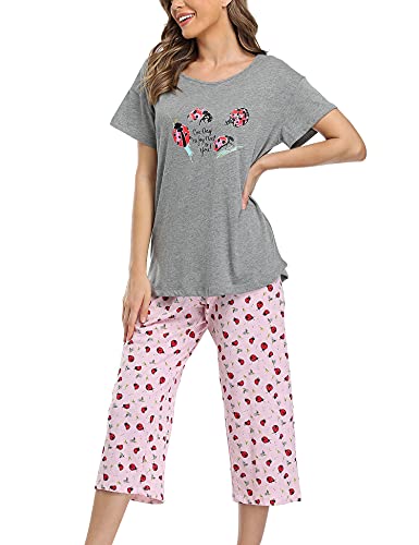 ENJOYNIGHT Womens Pajama Sets Cotton Pj Set Short Sleeve Top With Capri Pants Sleepwear 2 Piece Lounge Set(Large,Grey-Ladybug)