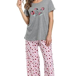 ENJOYNIGHT Womens Pajama Sets Cotton Pj Set Short Sleeve Top With Capri Pants Sleepwear 2 Piece Lounge Set(Large,Grey-Ladybug)