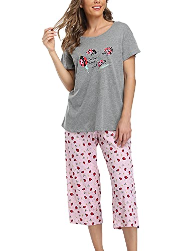 ENJOYNIGHT Womens Pajama Sets Cotton Pj Set Short Sleeve Top With Capri Pants Sleepwear 2 Piece Lounge Set(Large,Grey-Ladybug)