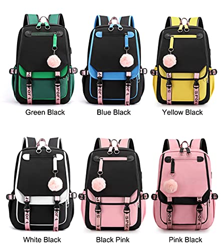 JiaYou Teenage Girls' Backpack Middle School Students Bookbag Outdoor Daypack with USB Charge Port (21 Liters, Pink Black)