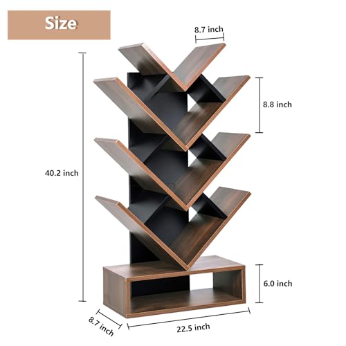 Arts wish Tree Bookshelf 5-Shelf Floor Standing Bookcase, Free Standing Magazines Books Tree Rack for Living Room Home Office Bedroom, Walnut+Black