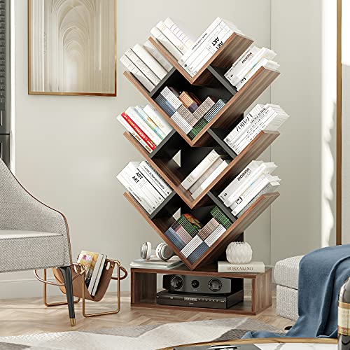 Arts wish Tree Bookshelf 5-Shelf Floor Standing Bookcase, Free Standing Magazines Books Tree Rack for Living Room Home Office Bedroom, Walnut+Black