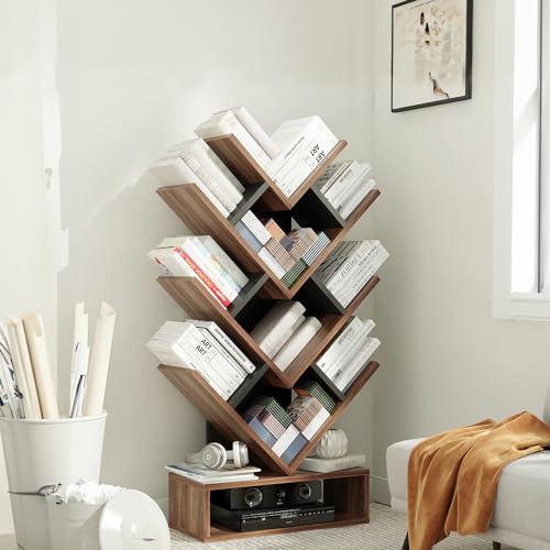 Arts wish Tree Bookshelf 5-Shelf Floor Standing Bookcase, Free Standing Magazines Books Tree Rack for Living Room Home Office Bedroom, Walnut+Black