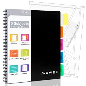 mowee spiral notebook - 5 subject notebook, college ruled notebook 3-hole punched with dividers, storage pockets, 11" ruler, 200 pages, for writing journal, home &office, school supplies, 8.1''x11.7''（black）