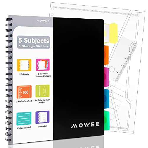 MOWEE Spiral Notebook - 5 Subject Notebook, College Ruled Notebook 3-Hole Punched With Dividers, Storage Pockets, 11" Ruler, 200 Pages, for Writing Journal, Home &Office, School Supplies, 8.1''x11.7''（Black）