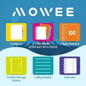 MOWEE Spiral Notebook - 5 Subject Notebook, College Ruled Notebook 3-Hole Punched With Dividers, Storage Pockets, 11" Ruler, 200 Pages, for Writing Journal, Home &Office, School Supplies, 8.1''x11.7''（Black）