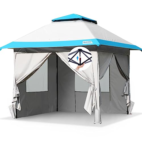 Quictent 13'x13' Pop up Gazebo Canopy Tent with Sidewalls, One Person Setup Easy Outdoor Party Tent Enclosed Waterproof, 169 sqft Shade, Gray/Blue