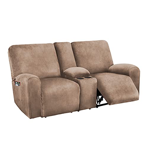 ULTICOR Reclining Love Seat with Middle Console Slipcover, 8-Piece Velvet Stretch Loveseat Reclining Sofa Covers, 2 seat Love seat Recliner Cover, Thick, Soft, Washable, Love seat Slipcovers (Sand)