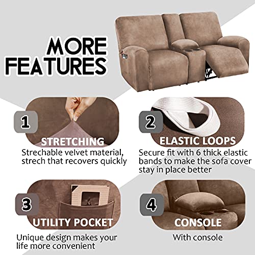 ULTICOR Reclining Love Seat with Middle Console Slipcover, 8-Piece Velvet Stretch Loveseat Reclining Sofa Covers, 2 seat Love seat Recliner Cover, Thick, Soft, Washable, Love seat Slipcovers (Sand)