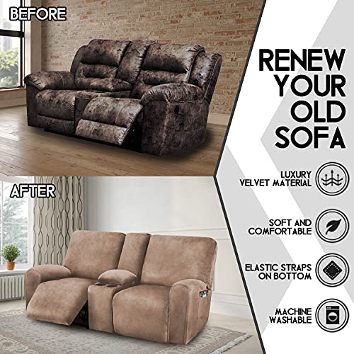 ULTICOR Reclining Love Seat with Middle Console Slipcover, 8-Piece Velvet Stretch Loveseat Reclining Sofa Covers, 2 seat Love seat Recliner Cover, Thick, Soft, Washable, Love seat Slipcovers (Sand)