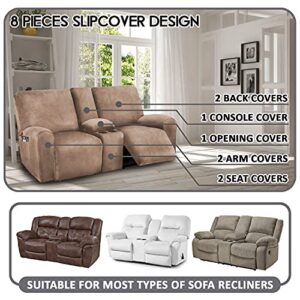 ULTICOR Reclining Love Seat with Middle Console Slipcover, 8-Piece Velvet Stretch Loveseat Reclining Sofa Covers, 2 seat Love seat Recliner Cover, Thick, Soft, Washable, Love seat Slipcovers (Sand)