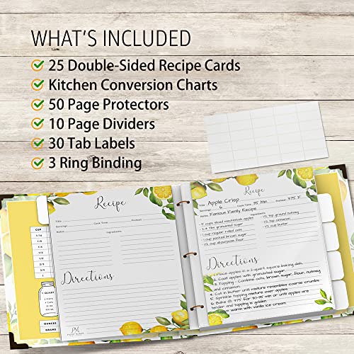 Recipe Binder 8.5x11 3 Ring Kit - 25 Double-Sided Recipe Cards, 50 Plastic Page Protector Sleeves, 10 Dividers & Labels -Blank Cookbook Binders - Make Your Own Full Page Family Recipes Organizer Album