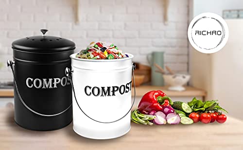 Compost Bin Kitchen 1.3 Gallon Smell Free Charcoal Filter Countertop Compost Bin with Lid - Stainless Steel Rust-Free Composting Bin for Kitchen Counter Compost Bucket Includes a Spare Filter (White)