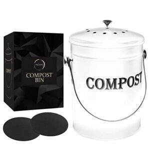 compost bin kitchen 1.3 gallon smell free charcoal filter countertop compost bin with lid - stainless steel rust-free composting bin for kitchen counter compost bucket includes a spare filter (white)