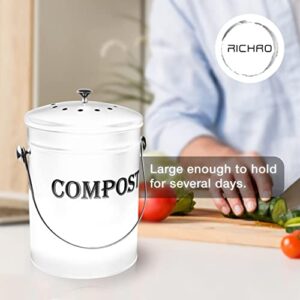 Compost Bin Kitchen 1.3 Gallon Smell Free Charcoal Filter Countertop Compost Bin with Lid - Stainless Steel Rust-Free Composting Bin for Kitchen Counter Compost Bucket Includes a Spare Filter (White)