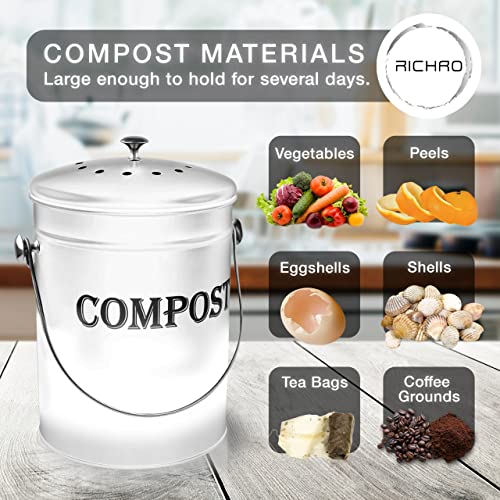 Compost Bin Kitchen 1.3 Gallon Smell Free Charcoal Filter Countertop Compost Bin with Lid - Stainless Steel Rust-Free Composting Bin for Kitchen Counter Compost Bucket Includes a Spare Filter (White)