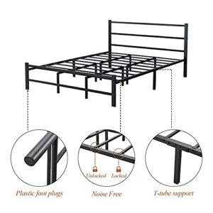 jakoola Queen Size Metal Bed Frame Simple Platform with Headboard, Double Support Frame Total in 14 Support Legs Strong Steel Mattress Support Slats, No Box Spring Required