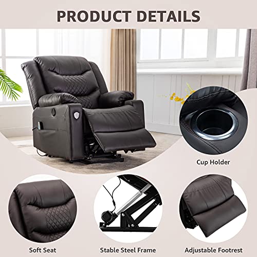 EVER ADVANCED Power Lift Chairs Recliners for Elderly, Electric Recliners Chair with Heat Vibration Massage, Remote Control,USB Port, 2 Cup Holder & Side Pocket for Home, Office (Brown)