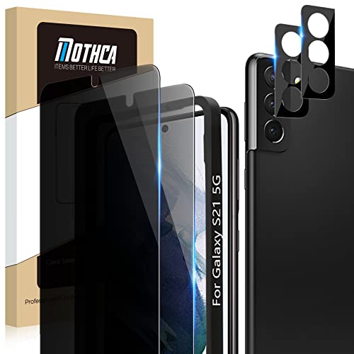 Mothca [2+2 Pack Privacy Screen Protector for Samsung Galaxy S21 5G 6.2-inch[Not for S21+/Ultra] Anti Spy PET Film(Not Glass) + Camera Lens Protector with Alignment Tray, Fingerprint ID Compatible