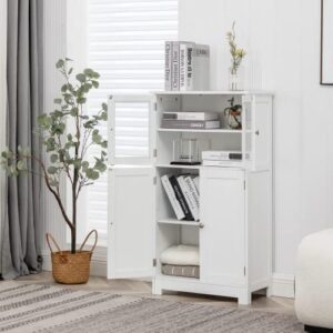 MELLCOM Bathroom Storage Cabinet, Floor Cabinet Cupboard, Wood Linen Cabinet with Doors and Adjustable Shelf,Wood Freestanding Cupboard for Living Room, Entryway, Kitchen, Ivory