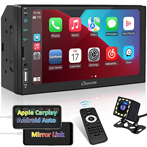 CARPURIDE Double Din Car Stereo with Apple Carplay & Android Auto, 7" Touchscreen Car Audio Receiver with Bluetooth, Mirror Link, Backup Camera, USB/TF/AUX Port, A/V in, SWC, FM/AM Radio, 2 din