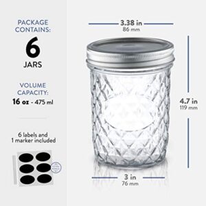 Paksh Novelty Mason Jars 16 oz - 6-Pack Quilted Wide Mouth Glass Jars with Lid & Seal Bands - Airtight Container for Pickling, Canning, Candles, Home Decor, Overnight Oats, Fruit Preserves