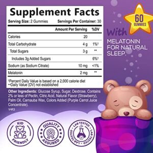 Kids Melatonin Gummies 2mg, Natural Effective Children's Sleep Gummy Supplement, Berry Flavored Sleep Support Supplement for Ages 4 Plus, Non-GMO, Vegetarian, Natural Colors and Flavor - 60 Gummies