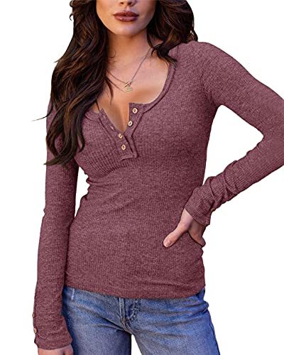 Saodimallsu Womens V Neck Long Sleeve T Shirts Button Down Henley Shirts Ribbed Casual Plain Tops Blouse Tees Dark Pink