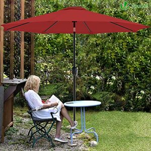 VOUNOT 9 FT Patio Umbrella Outdoor Garden Parasol Table Tilting Patio Parasol Umbrella, with Crank Handle, Protective Cover, 8 Sturdy Ribs, Red