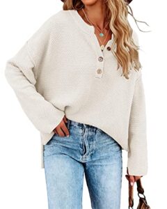 saodimallsu women's oversized sweaters batwing long sleeve loose v neck button henley tops pullover knit jumper white