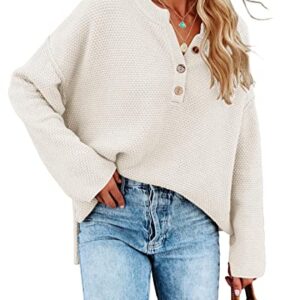 Saodimallsu Women's Oversized Sweaters Batwing Long Sleeve Loose V Neck Button Henley Tops Pullover Knit Jumper White