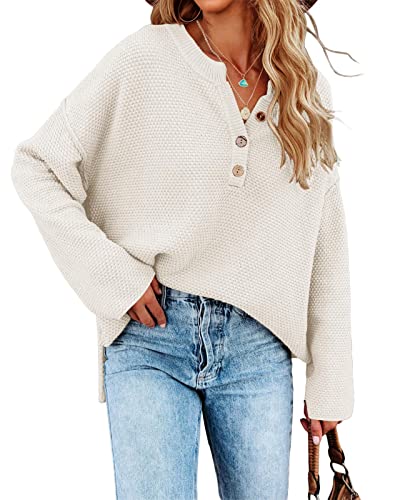 Saodimallsu Women's Oversized Sweaters Batwing Long Sleeve Loose V Neck Button Henley Tops Pullover Knit Jumper White