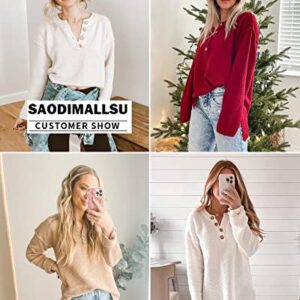 Saodimallsu Women's Oversized Sweaters Batwing Long Sleeve Loose V Neck Button Henley Tops Pullover Knit Jumper White