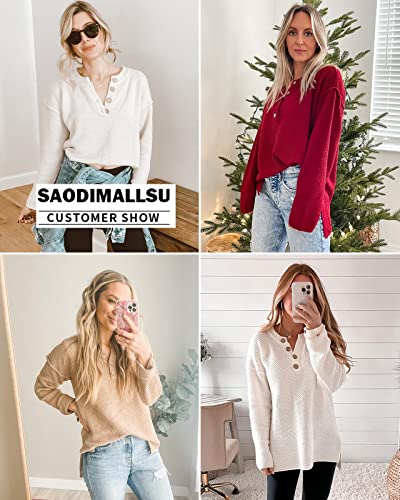 Saodimallsu Women's Oversized Sweaters Batwing Long Sleeve Loose V Neck Button Henley Tops Pullover Knit Jumper White