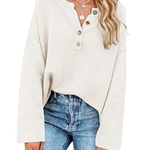 Saodimallsu Women's Oversized Sweaters Batwing Long Sleeve Loose V Neck Button Henley Tops Pullover Knit Jumper White