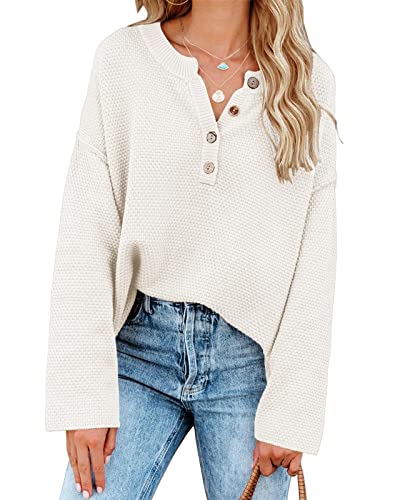 Saodimallsu Women's Oversized Sweaters Batwing Long Sleeve Loose V Neck Button Henley Tops Pullover Knit Jumper White