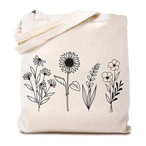 Wildflower Canvas Tote Bag Flower Lover Funny Reusable Shopping Bag with Handles For Student Work 15.8 x 13.5 inches