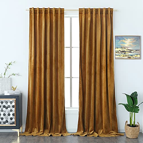 Timeper Velvet Curtains 84 inches - Retro Heavy Gold Blackout Velvet Curtains Drapes with Rod Pocket Back Tab Design Light Blocking Home Decoration for Living Room, Gold Brown, 52Wx 84L, 2 Panels