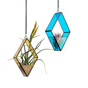 stained glass terrariums hanging, 2 packs geometric window planters with chain for windowsill decor small succulent tillandsia glass container terrarium minimalist air plant holders
