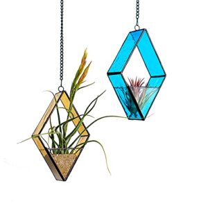 Stained Glass Terrariums Hanging, 2 Packs Geometric Window Planters with Chain for Windowsill Decor Small Succulent Tillandsia Glass Container Terrarium Minimalist Air Plant Holders