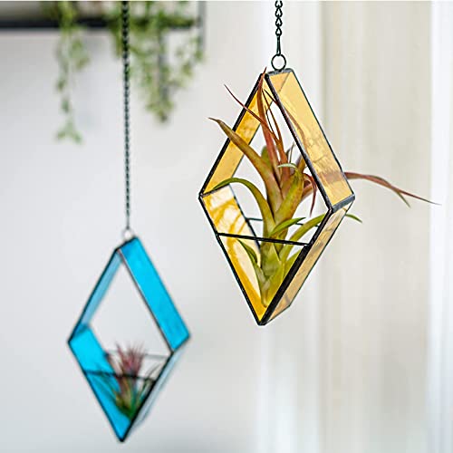 Stained Glass Terrariums Hanging, 2 Packs Geometric Window Planters with Chain for Windowsill Decor Small Succulent Tillandsia Glass Container Terrarium Minimalist Air Plant Holders